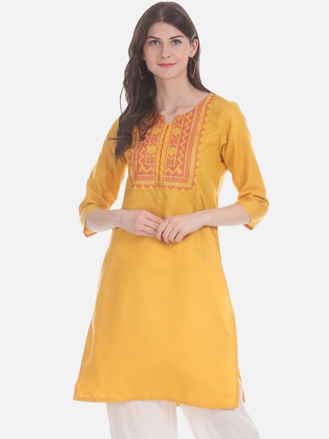Karigari Women Mustard Yoke Design Straight Kurta