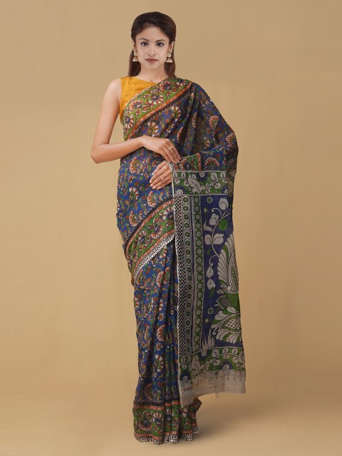 

Unnati Silks Blue & Green Pure Cotton Kalamkari Printed Kota Saree