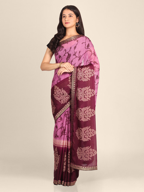

CLAI WORLD Pink & Maroon Poly Georgette Printed Saree