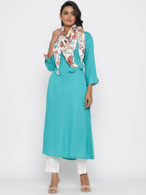

WomenMagic Women Blue & White Solid Kurta with Trousers & Dupatta