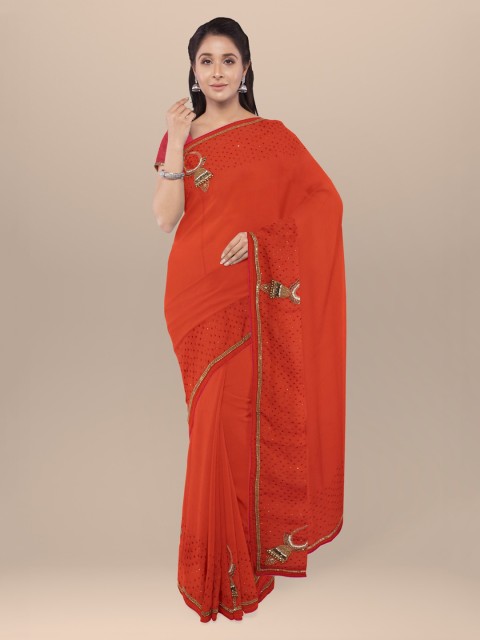 

KLM Fashion Mall Orange Solid Poly Georgette Saree