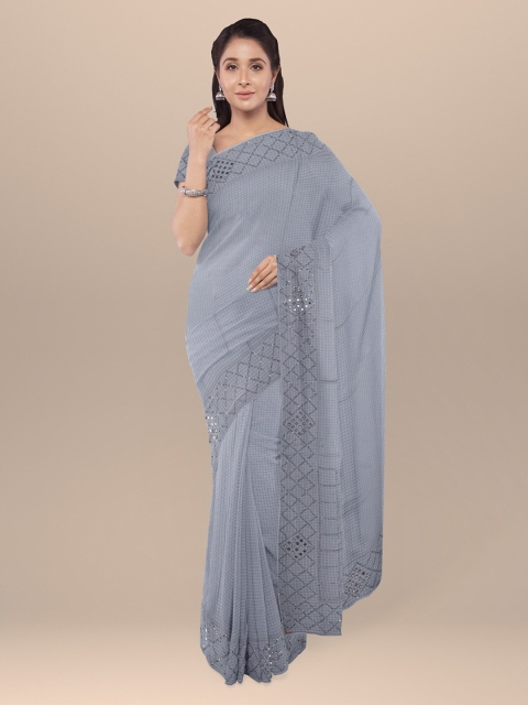 

KLM Fashion Mall Grey Checked Poly Georgette Saree