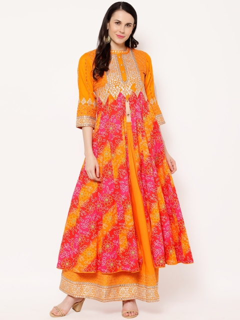 

Ramas Women Pink & Mustard Printed Kurta with Skirt