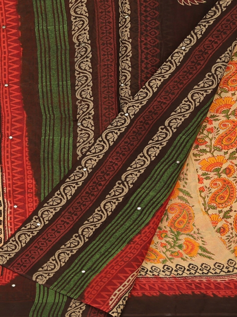 

Pothys Cream-Coloured & Green Pure Cotton Printed Saree