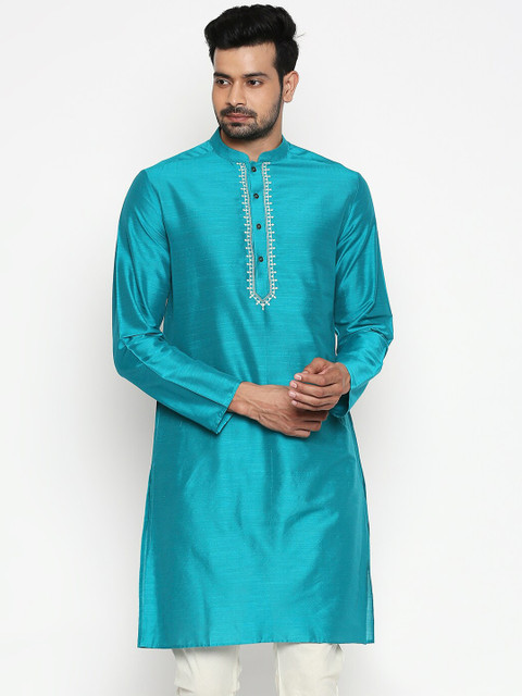 

indus route by Pantaloons Men Turquoise Blue Solid Straight Kurta
