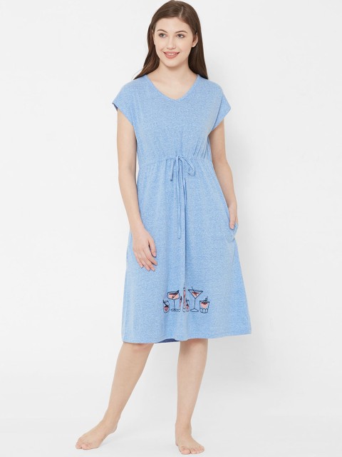 

Mystere Paris Women Blue Embroidered Cotton Sleep Shirt