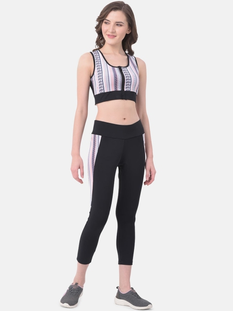 

Clovia Women Black & Pink Striped Sports Bra & Tights Training Set