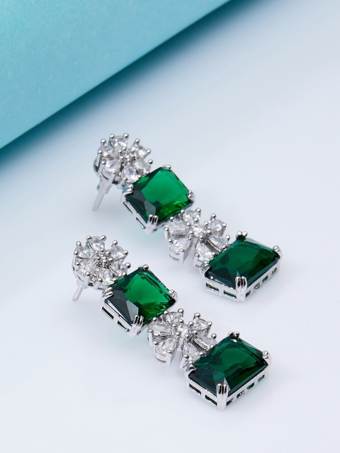 

Luxury By ZeroKaata Silver-Toned & Green Classic Drop Earrings
