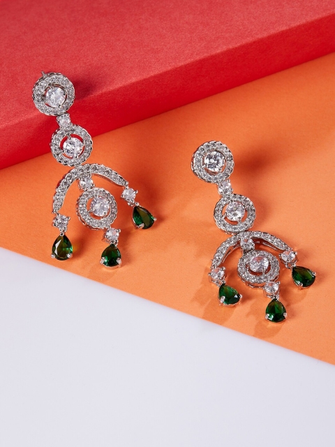 

Luxury By ZeroKaata Silver-Toned & Green Classic Drop Earrings