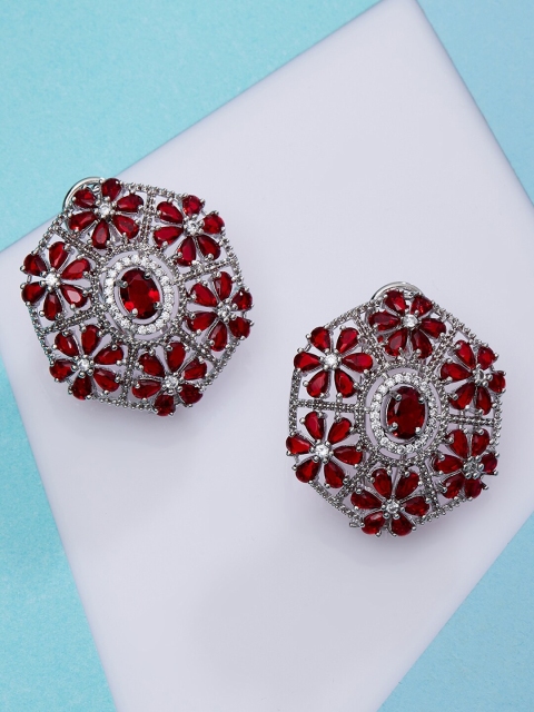 

Luxury By ZeroKaata Maroon & Silver-Toned Floral Studs