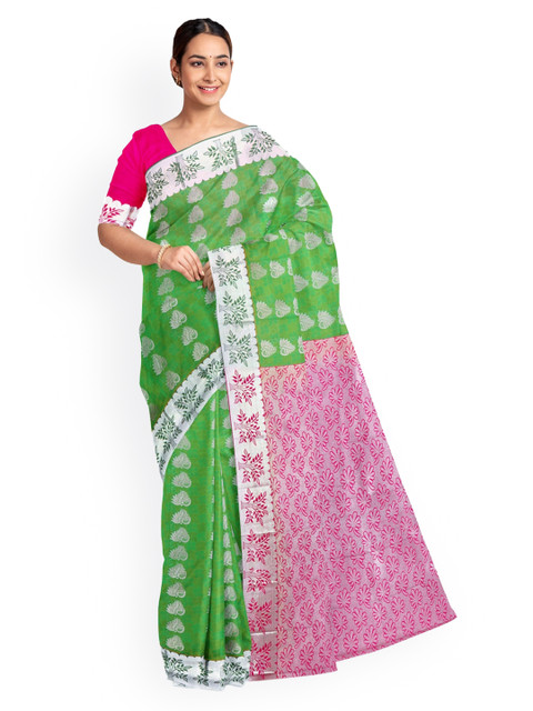 

KLM Fashion Mall Green & Pink Art Silk Printed Saree