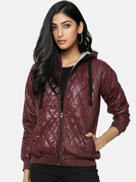 Campus Sutra Women Coffee Brown Solid Windcheater Quilted Jacket