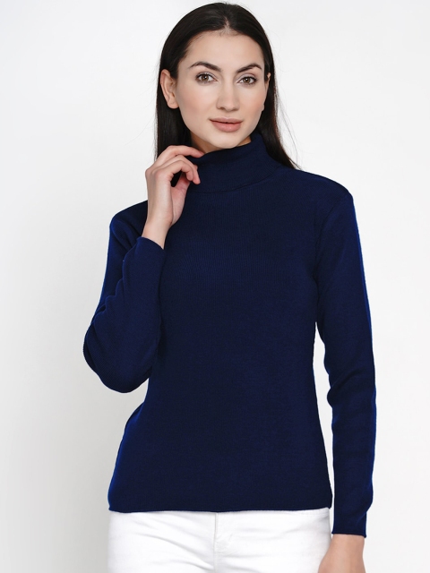 

FABNEST Women Acrylic Navy Blue Ribbed Pullover Sweater