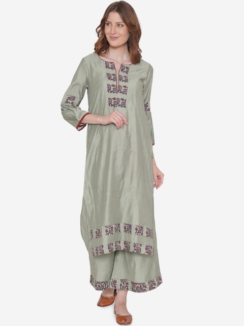 

Laado - Pamper Yourself Women Green & Blue Embroidered Kurta with Palazzos & Dupatta