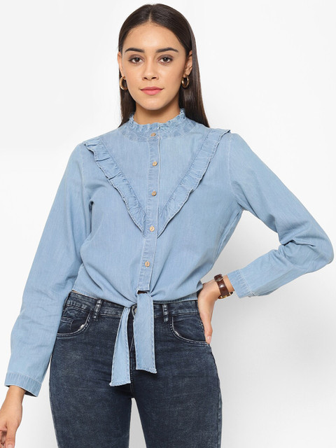 

HOUSE OF KKARMA Women Blue Solid Denim Top