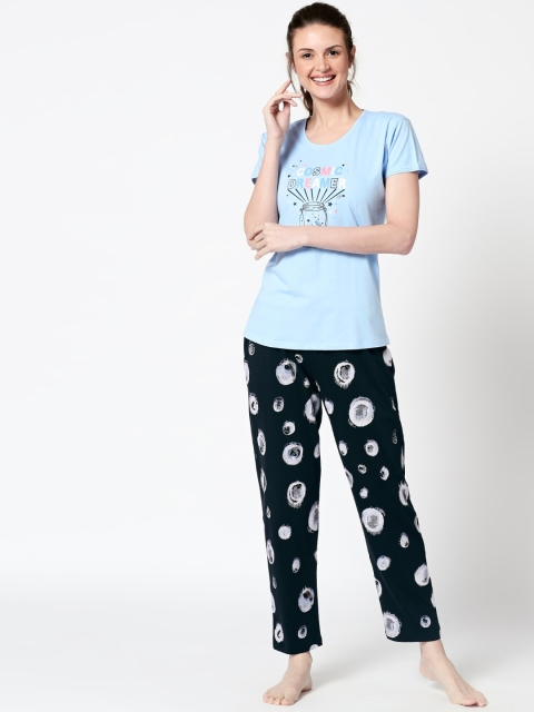 

Zeyo Women Blue & Green Printed Night suit