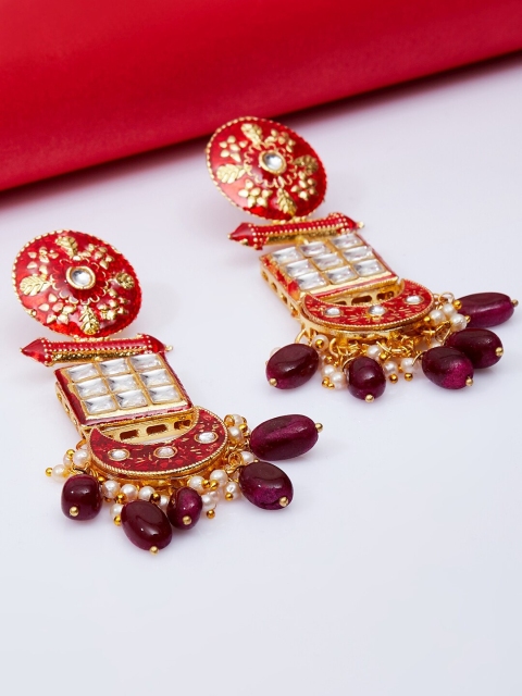 

GloBox By ZeroKaata Red & Gold-Plated Meenakari Emerald Drop Earrings