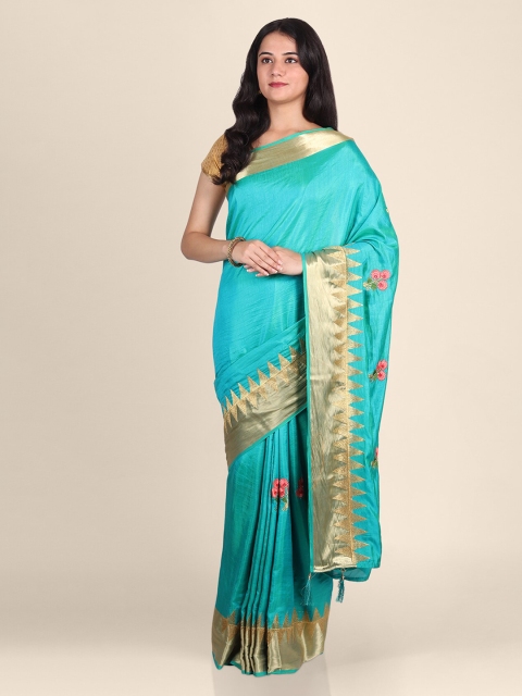 

CLAI WORLD Blue & Gold-Toned Silk Blend Handloom Solid Saree