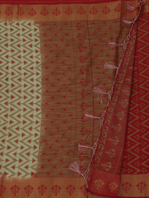 

Pothys Cream-Coloured & Red Jute Silk Printed Saree