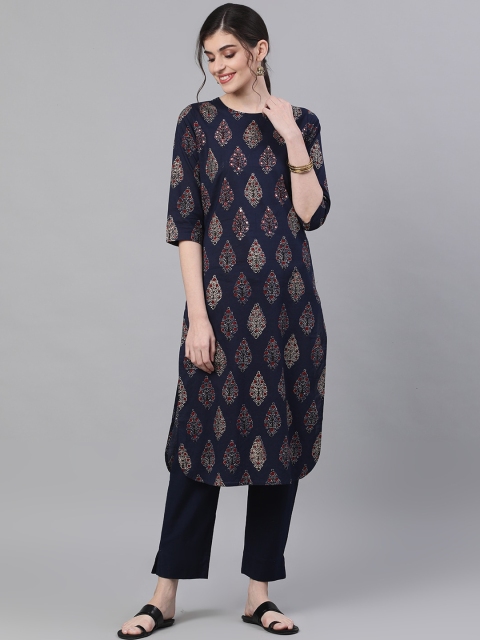 

Ishin Women Navy Blue Printed Kurta with Trousers