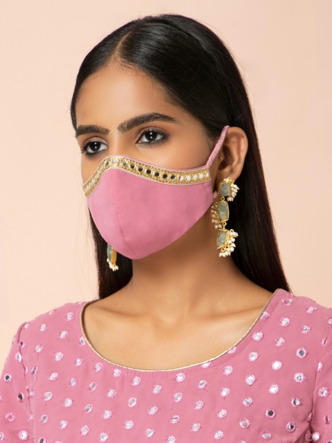 

INDYA Women Pink Mirror Lace Pleated Reusable 3-Ply Cloth Mask