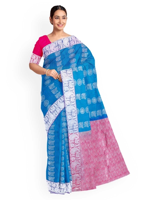 

KLM Fashion Mall Blue & Silver-Toned Art Silk Woven Design Saree