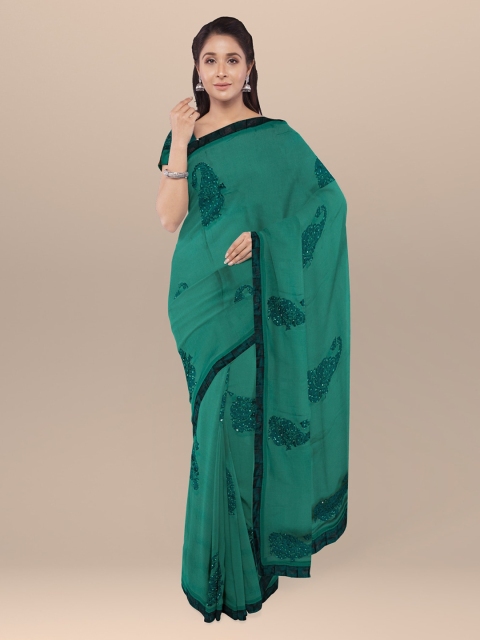 

KLM Fashion Mall Green Embroidered Poly Georgette Saree
