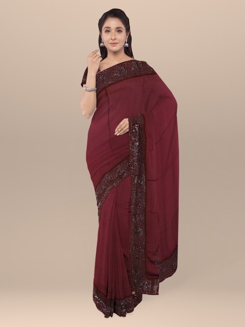 

KLM Fashion Mall Maroon Solid Poly Georgette Saree