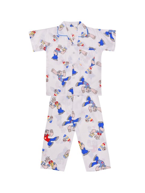 

Wish Karo Boys White & Blue Popeye Printed Nightsuit