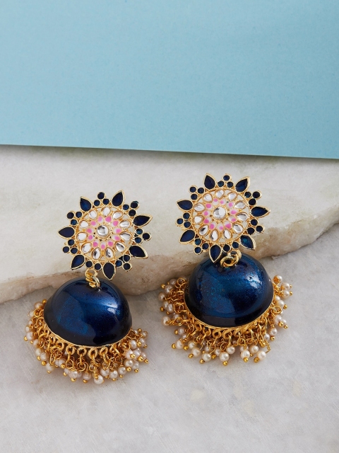 

GloBox By ZeroKaata Plating: Gold-Plated & Navy Blue Dome Shaped Drop Earrings