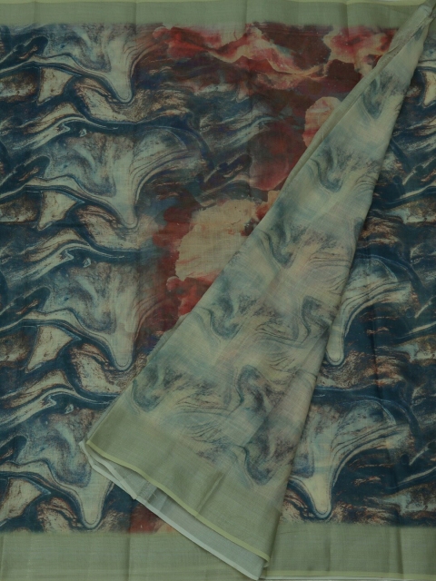 Pothys Green & Blue Linen Blend Printed Saree