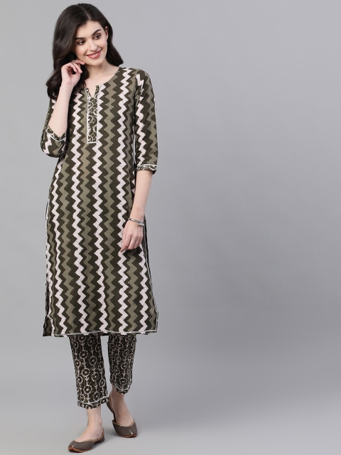 

Ishin Women Green & Beige Printed Kurta with Trousers