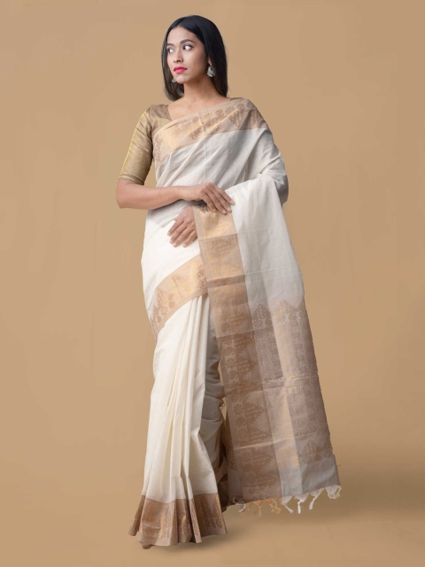 

Unnati Silks White & Brown Pure Cotton Solid Handloom Saree