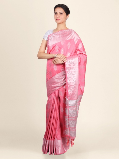 

CLAI WORLD Pink & Silver-Coloured Silk Blend Woven Design Handloom Saree