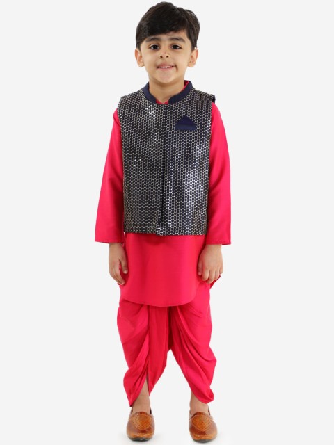 

Lil Peacock Boys Fuchsia & Navy Blue Solid Kurta with Dhoti Pants & Nehru Jacket