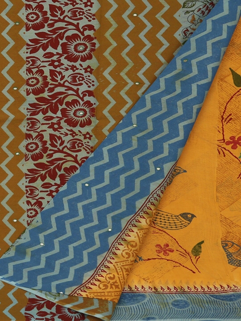 

Pothys Mustard Yellow & Blue Pure Cotton Floral Printed Saree