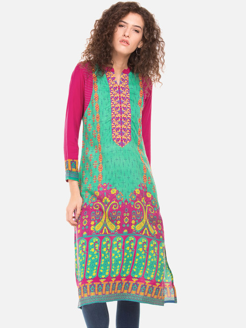 

Karigari Women Green & Pink Woven Design Straight Kurta
