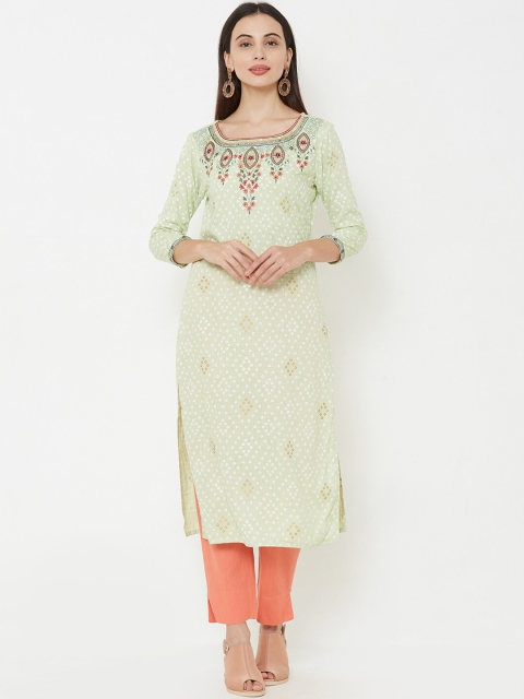 

FASHOR Women Green & Orange Embroidered Straight Kurta