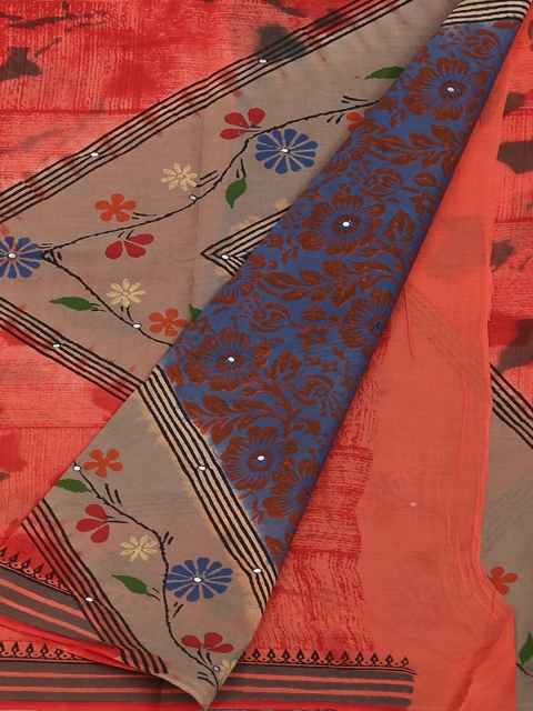 

Pothys Peach-Coloured & Blue Pure Cotton Dyed Saree