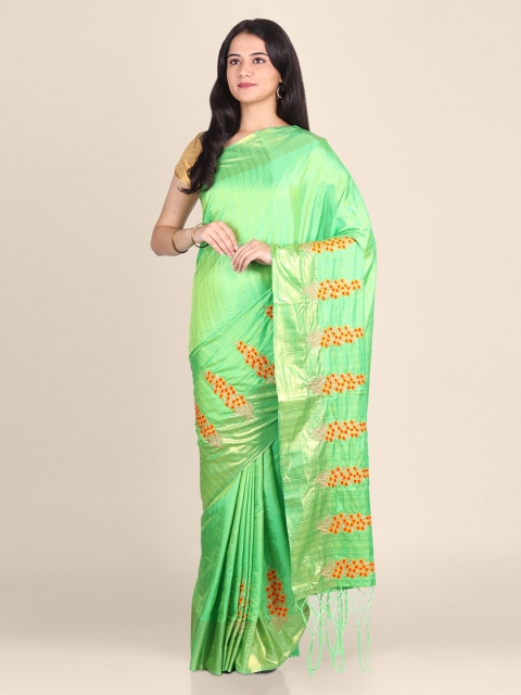 

CLAI WORLD Green & Orange Silk Blend Solid Saree