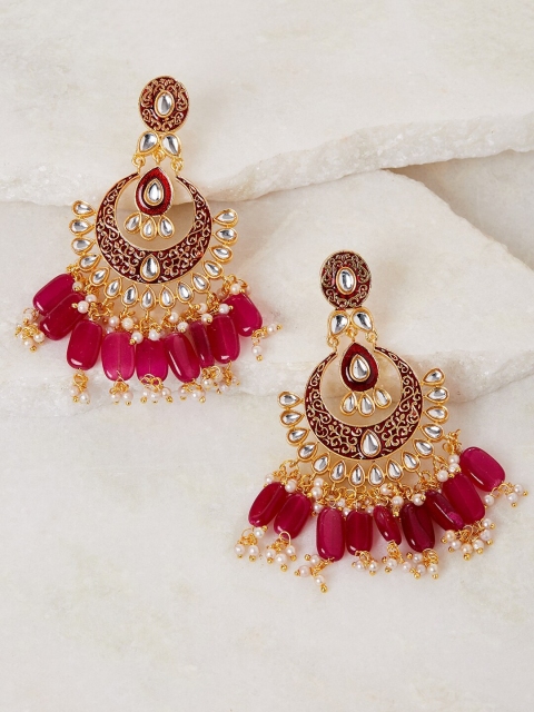 

GloBox By ZeroKaata Gold-Plated Red Kundan and Meena Studded Classic Chandbalis