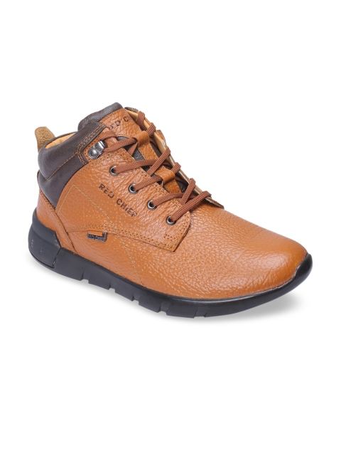 Red Chief Men Tan Colourblocked Leather Mid-Top Flat Boots
