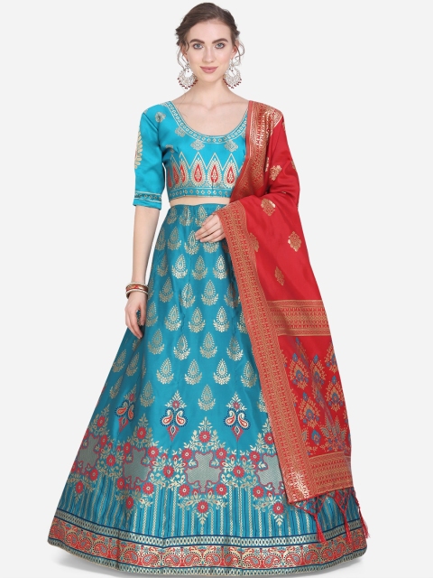 Mitera Women Blue Art Silk Semi-Stitched Lehenga & Unstitched Blouse with Dupatta