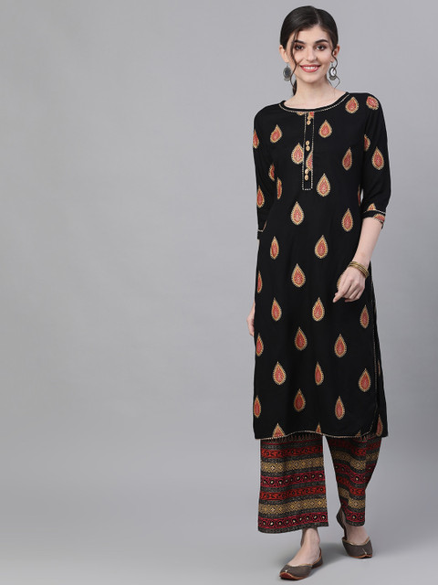 

Ishin Women Black & Beige Printed Kurta with Palazzos