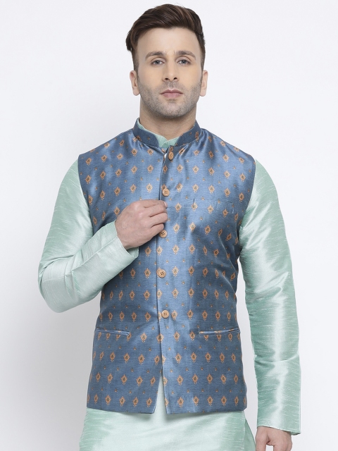 

NAMASKAR Men Blue Printed Printed Nehru Jacket