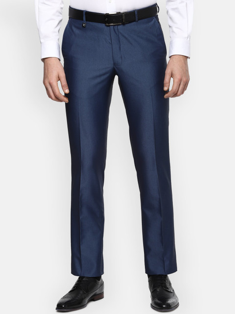 

V Dot Men Navy Blue Slim Fit Self Design Formal Trousers