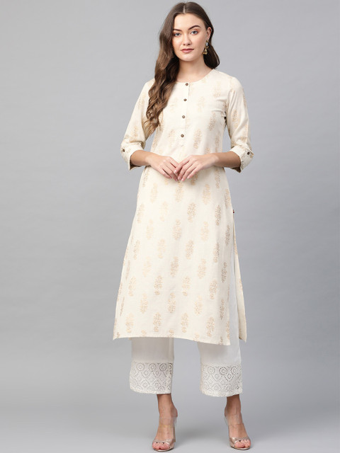 

KSUT Women Off-White & Pink Woven Design Straight Kurta