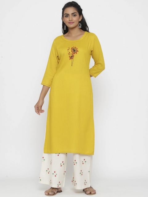 

WomenMagic Women Yellow & Off-White Woven Design Kurta with Palazzos