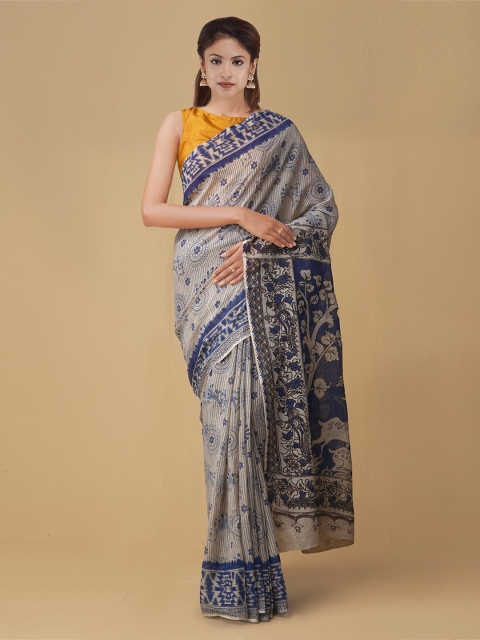

Unnati Silks Cream-Coloured & Navy Blue Pure Cotton Printed Kota Handloom Saree