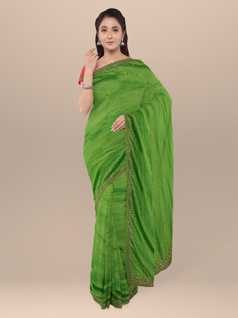 

KLM Fashion Mall Green Embellished Silk Blend Saree